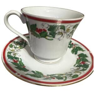 Lynn's Fine China St. Maria Christmas holly and berries footed cup & saucer set